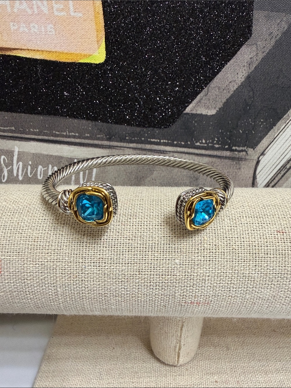 Silver-Tone Open Cable Bracelet with Blue Crystal Accents
